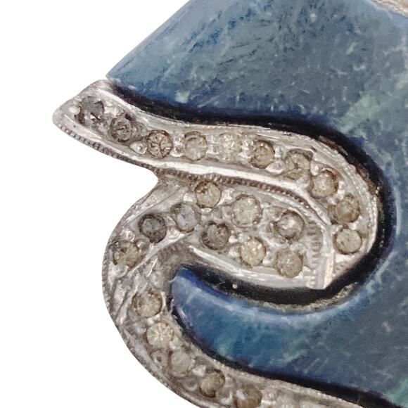 Vintage 1930s Art Deco Silver Tone Brooch w Rhinestones & Blue Galalith - Picture 4 of 14